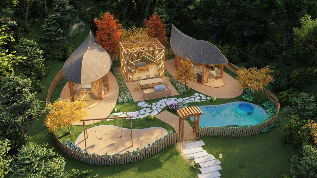 Courtyard suite with small pavilions around a landscaped outdoor room