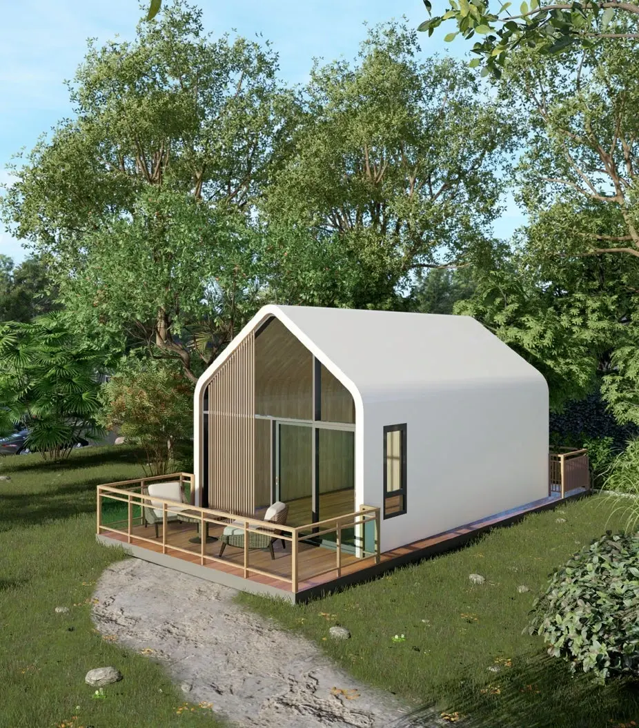 Faceted contemporary cabin with a front terrace