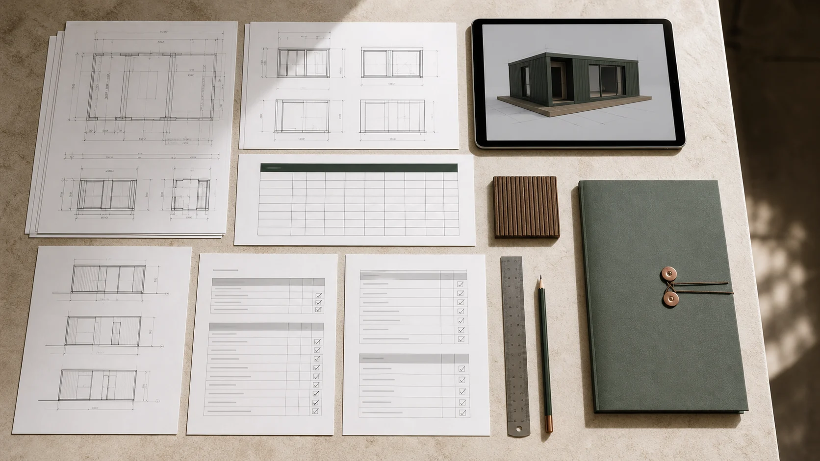 Illustrative desk arrangement of modular building drawings, checklists, material sample and model review