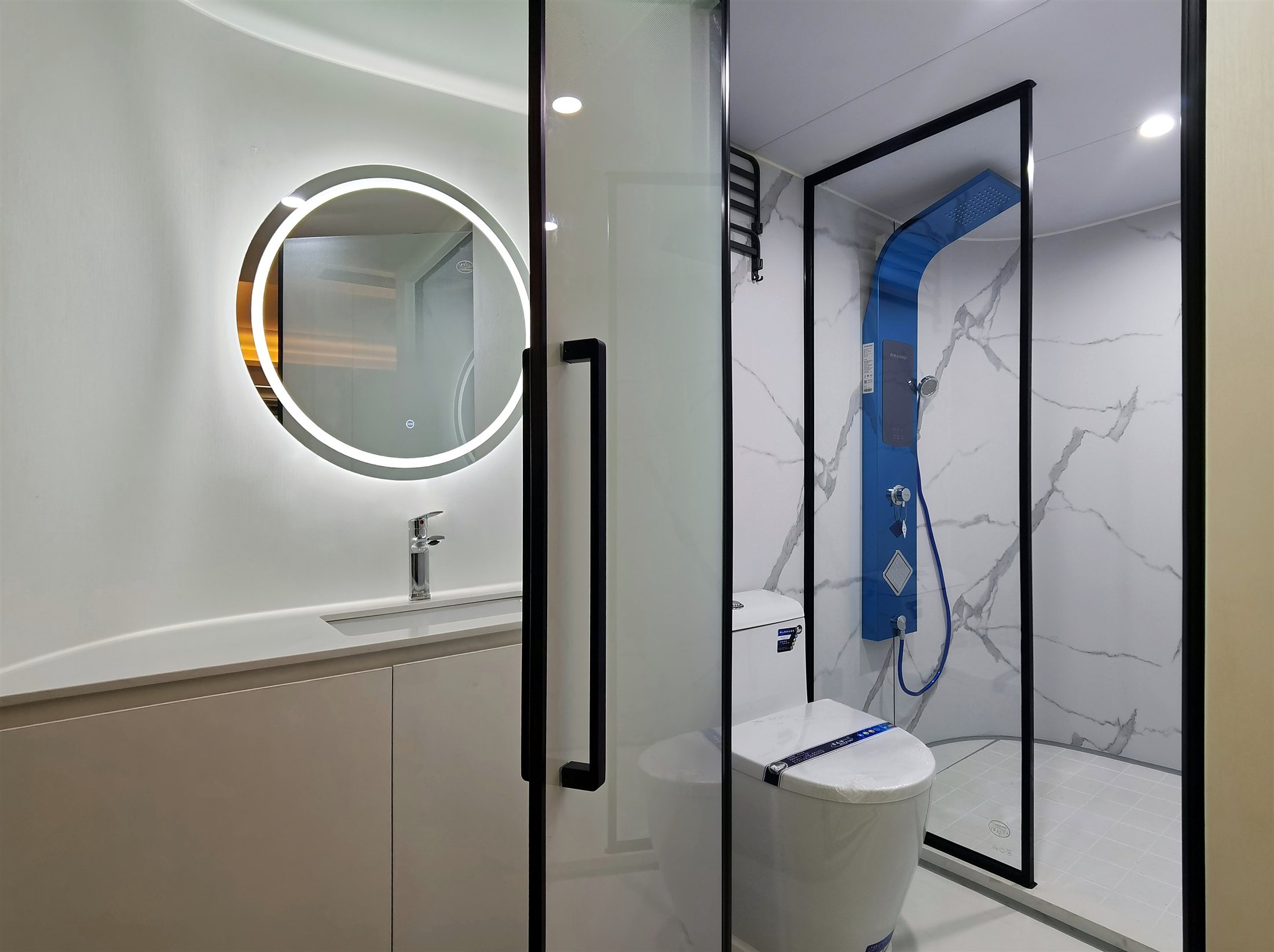 Finished space capsule bathroom with fitted fixtures
