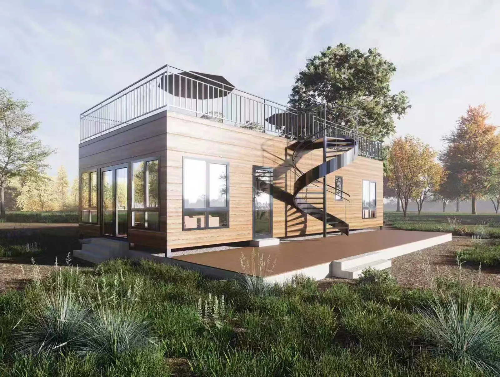 Design visualization of the glazed entry elevation with rooftop terrace