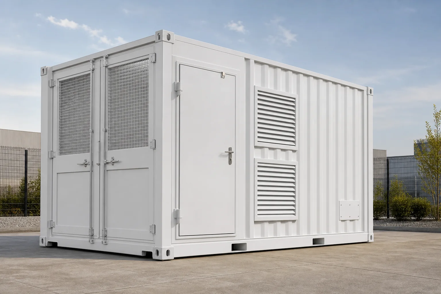 White compact 20ft-class containerized technical enclosure
