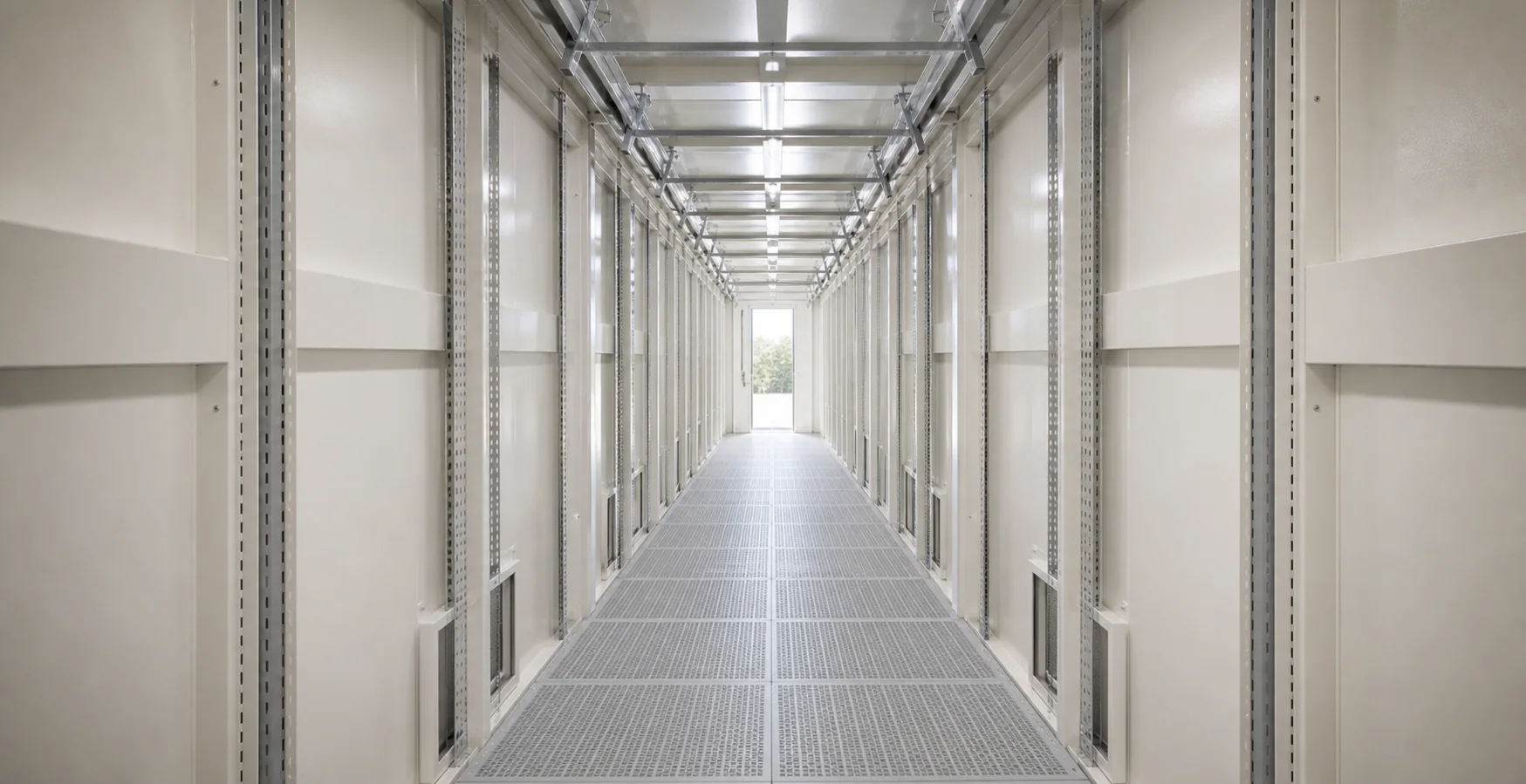 Empty white high-density-ready enclosure interior with reinforced floor and mounting zones