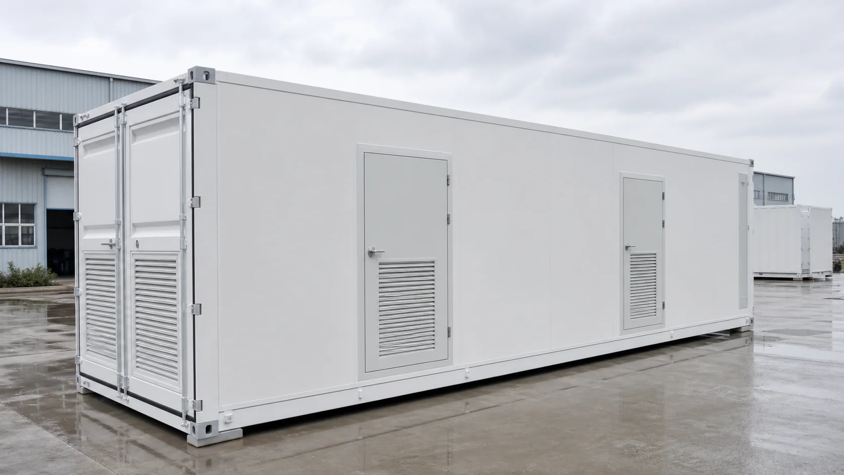 White 40ft-class containerized technical enclosure in a factory dispatch yard