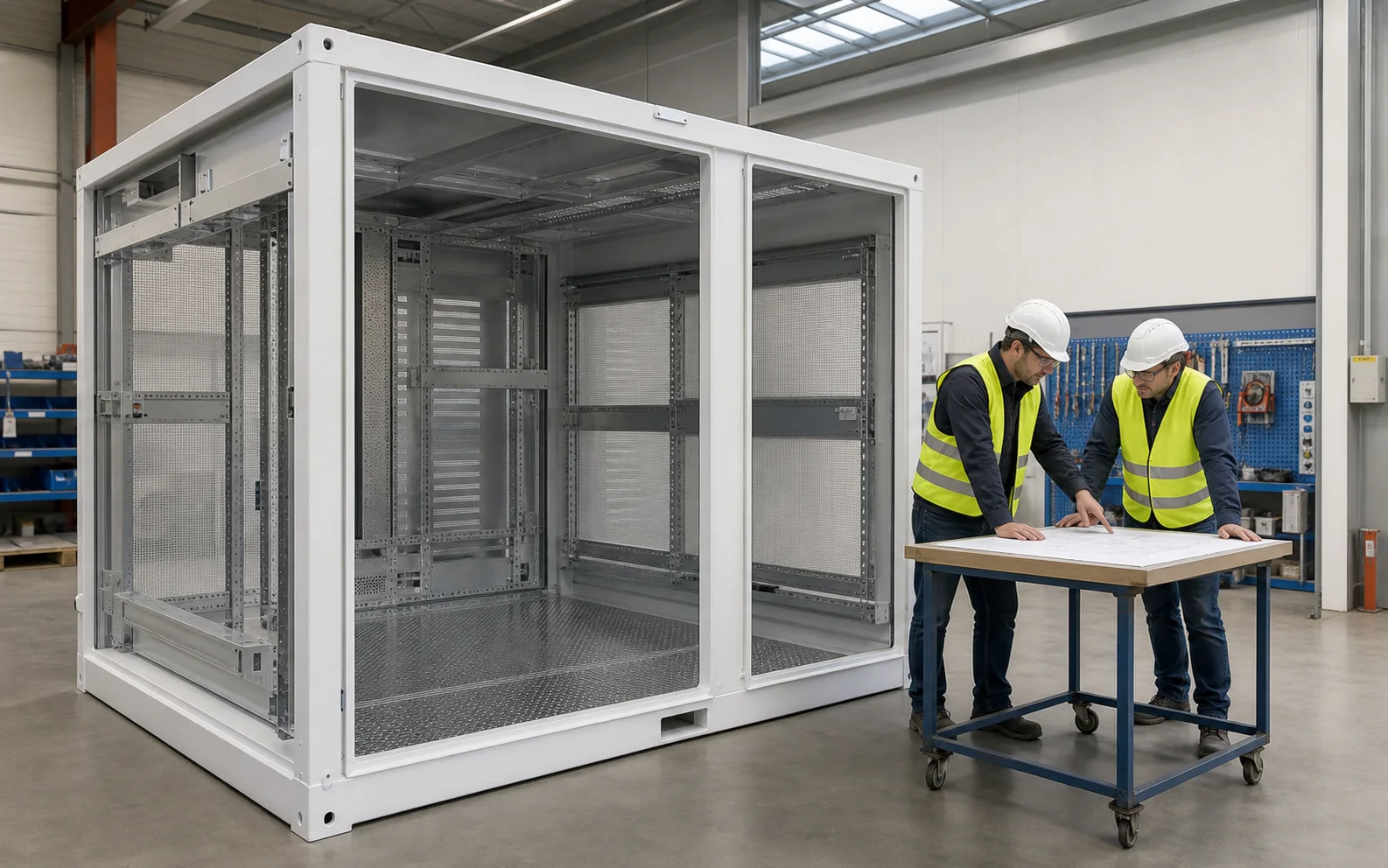 Engineers reviewing the interface drawing beside a white technical enclosure shell