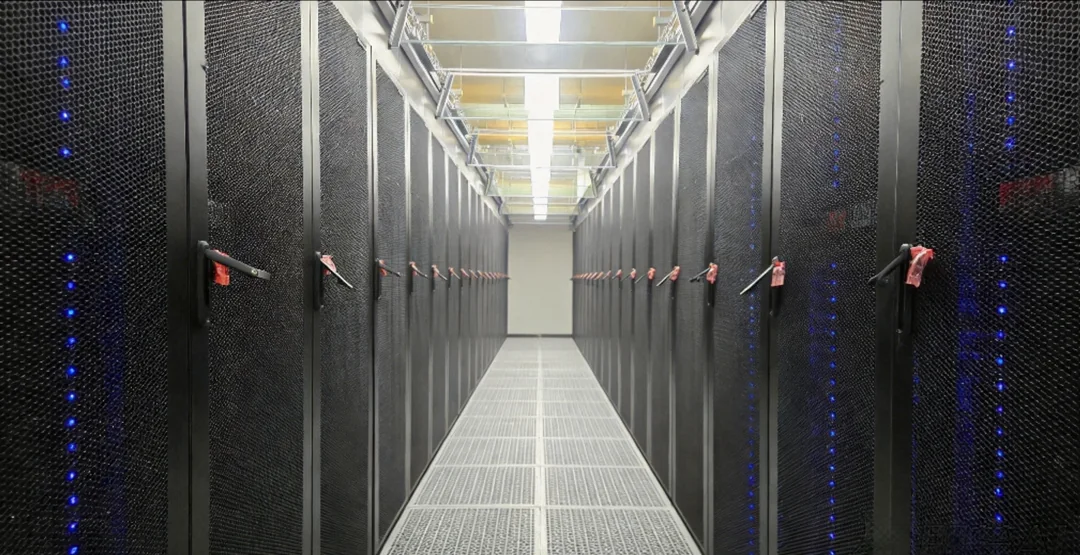 Server rack aisle inside a completed data center environment