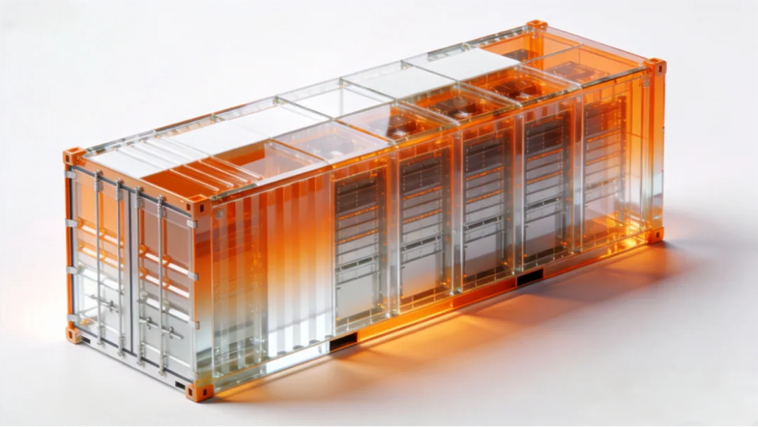 Transparent concept rendering showing rack zones inside a containerized technical enclosure