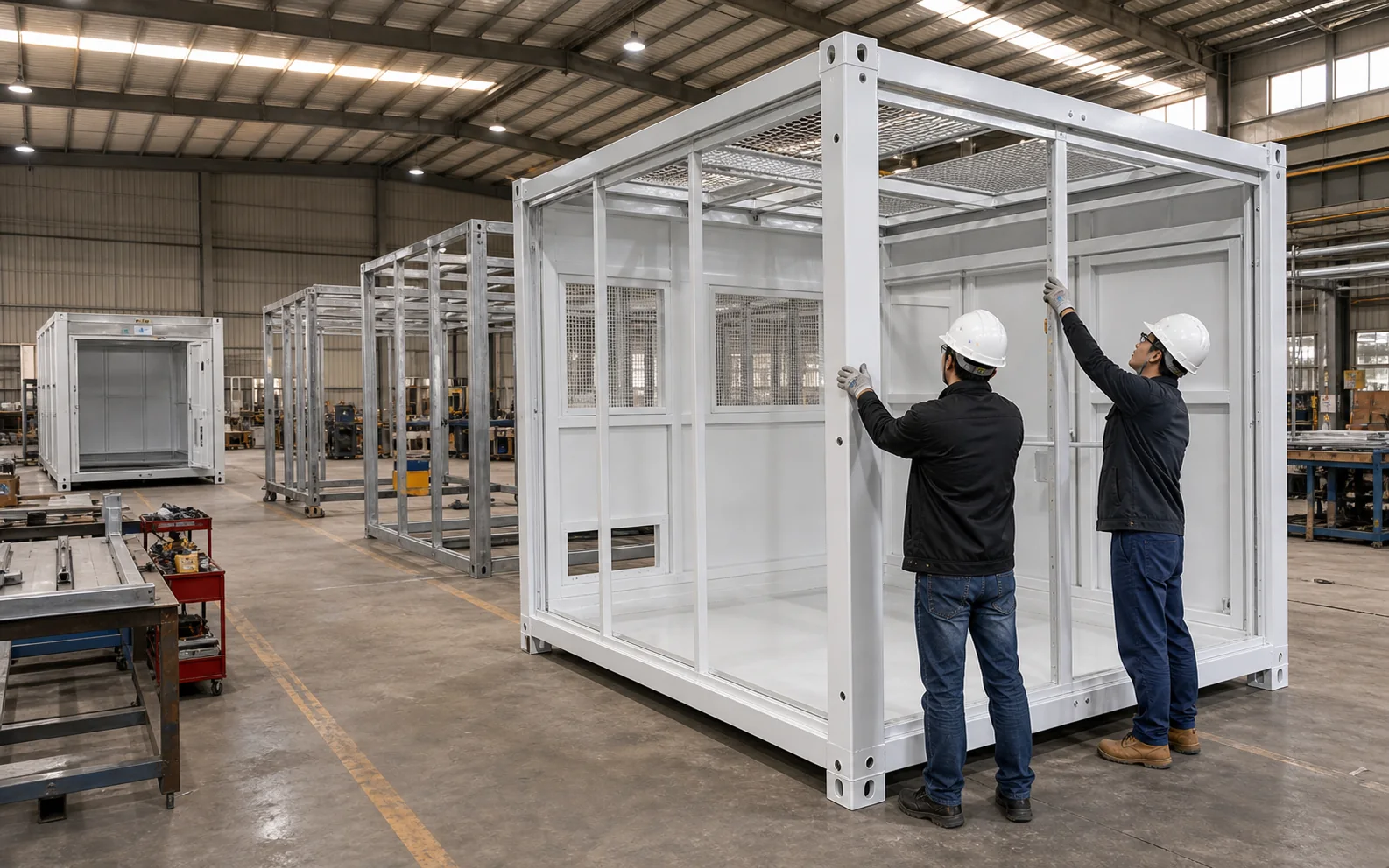 White technical enclosure shells undergoing factory fabrication and inspection
