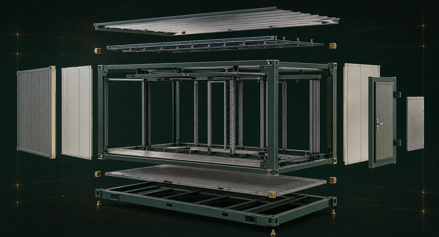 Exploded technical view of an AeroPodHomes containerized data center ready enclosure shell
